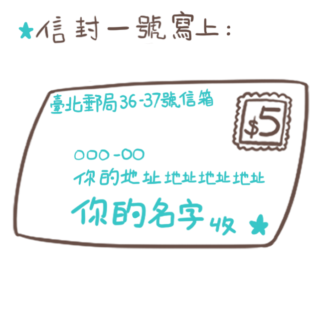 將「信封一號」的收件人寫上你自己的名字＋地址，寄送地址寫上「臺北郵局36-37號信箱」。 海外的朋友寫綜合口味地址時請改寫：  P.O.BOX 36-37 Taipei Taiwan(R.O.C)