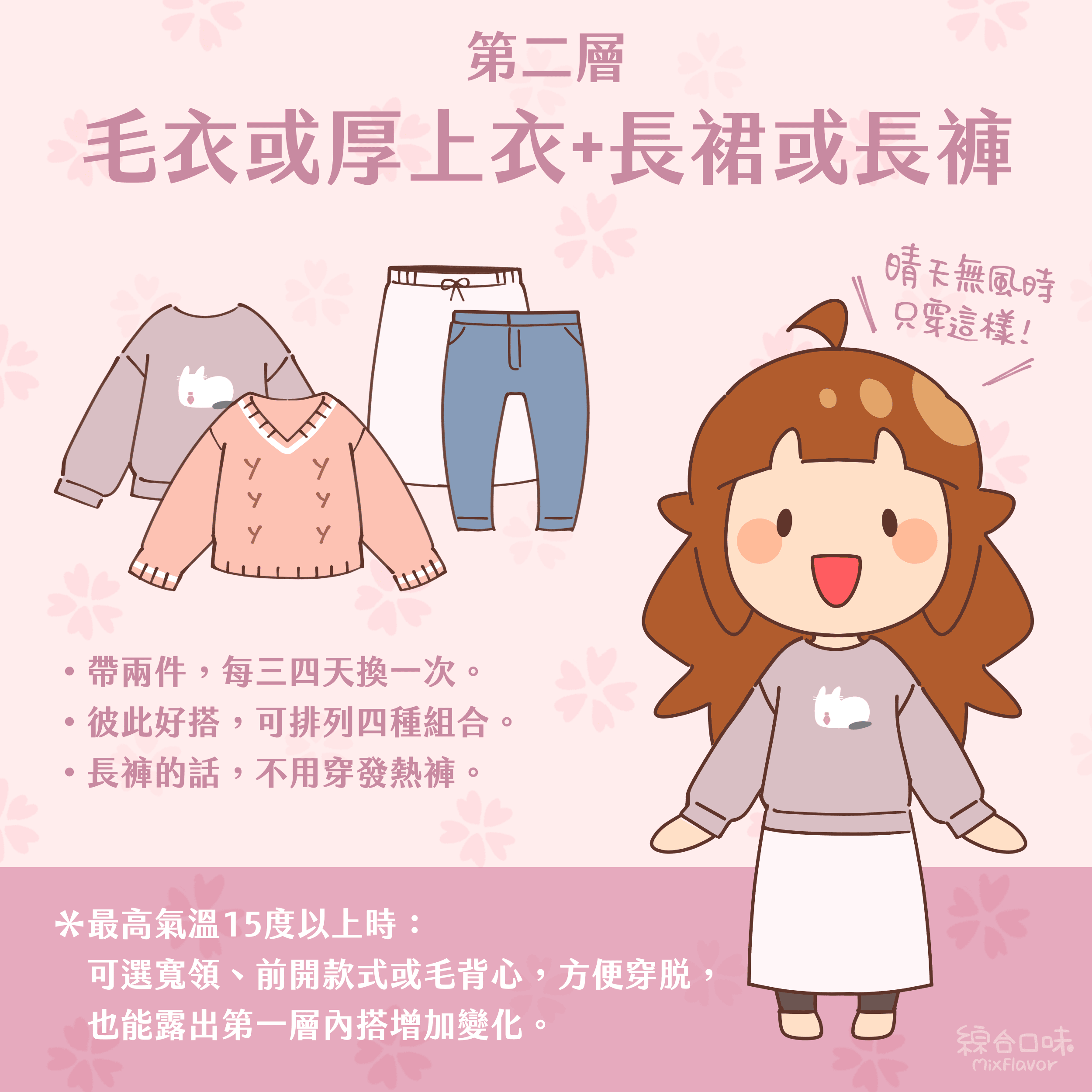 第二層 毛衣或厚上衣+長裙或長褲 晴天無風時只穿這樣! •帶兩件,每三四天換一次。 •彼此好搭,可排列四種組合。 •長褲的話,不用穿發熱褲。 *最高氣溫15度以上時: 可選寬領、前開款式或毛背心,方便穿脫,也能露出第一層內搭增加變化。