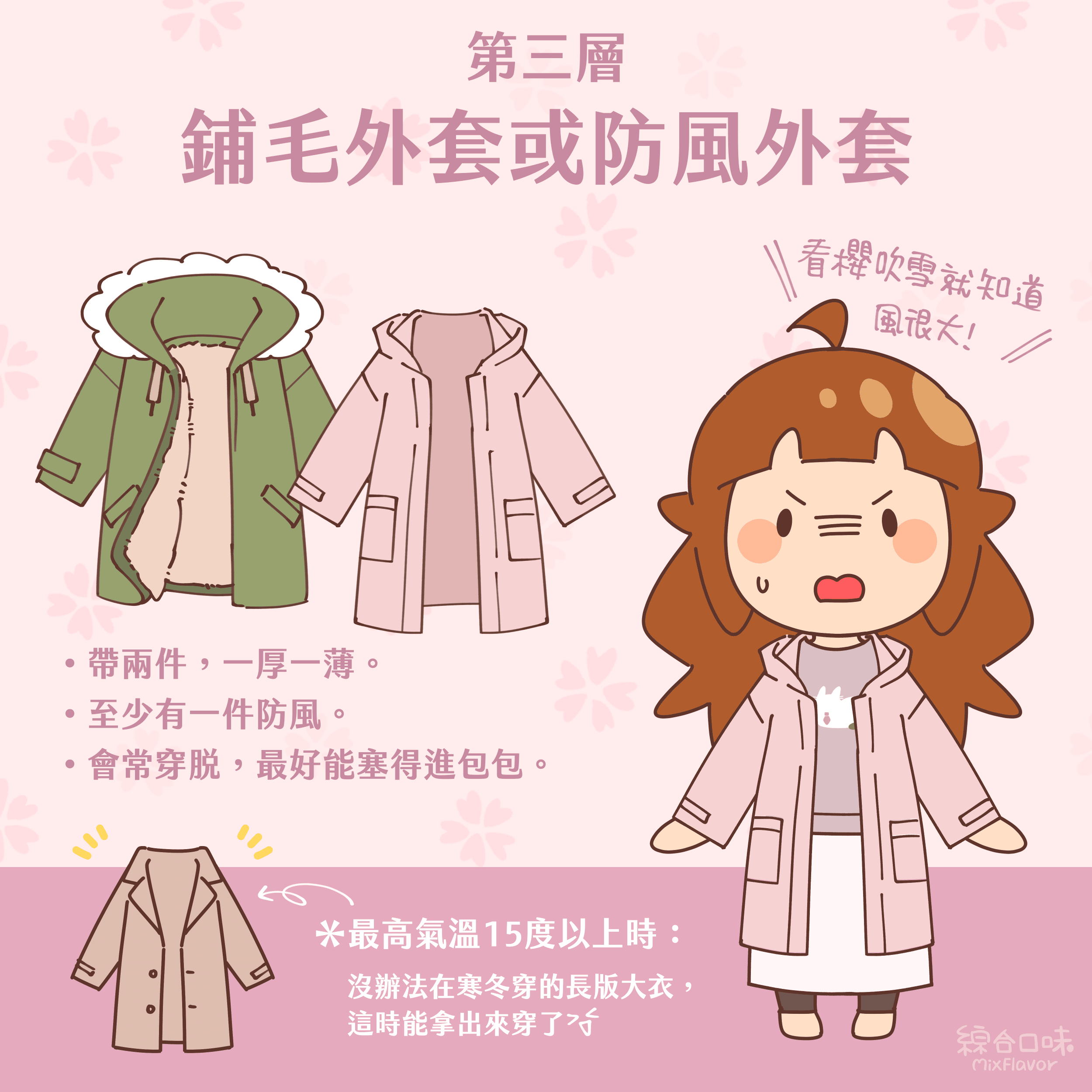 第三層 鋪毛外套或防風外套 看櫻吹雪就知道風很大! •帶兩件,一厚一薄。 。至少有一件防風。 •會常穿脱,最好能塞得進包包。 *最高氣溫15度以上時: 沒辦法在寒冬穿的長版大衣,這時能拿出來穿了